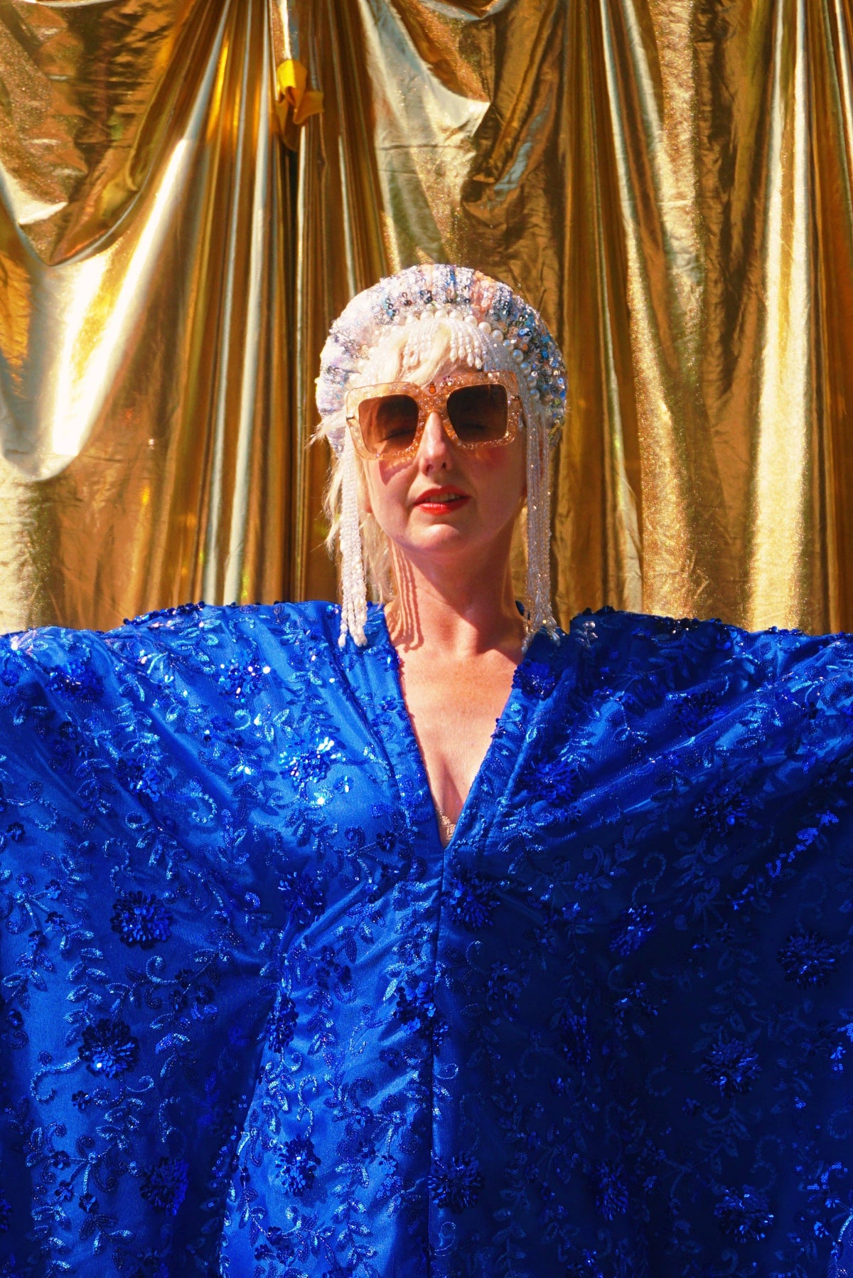 Desert Blue Lace Sequin V-Neck Kaftan Gown