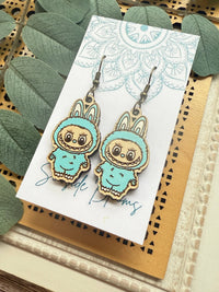 Labubu inspired monster style hand painted  wood earrings