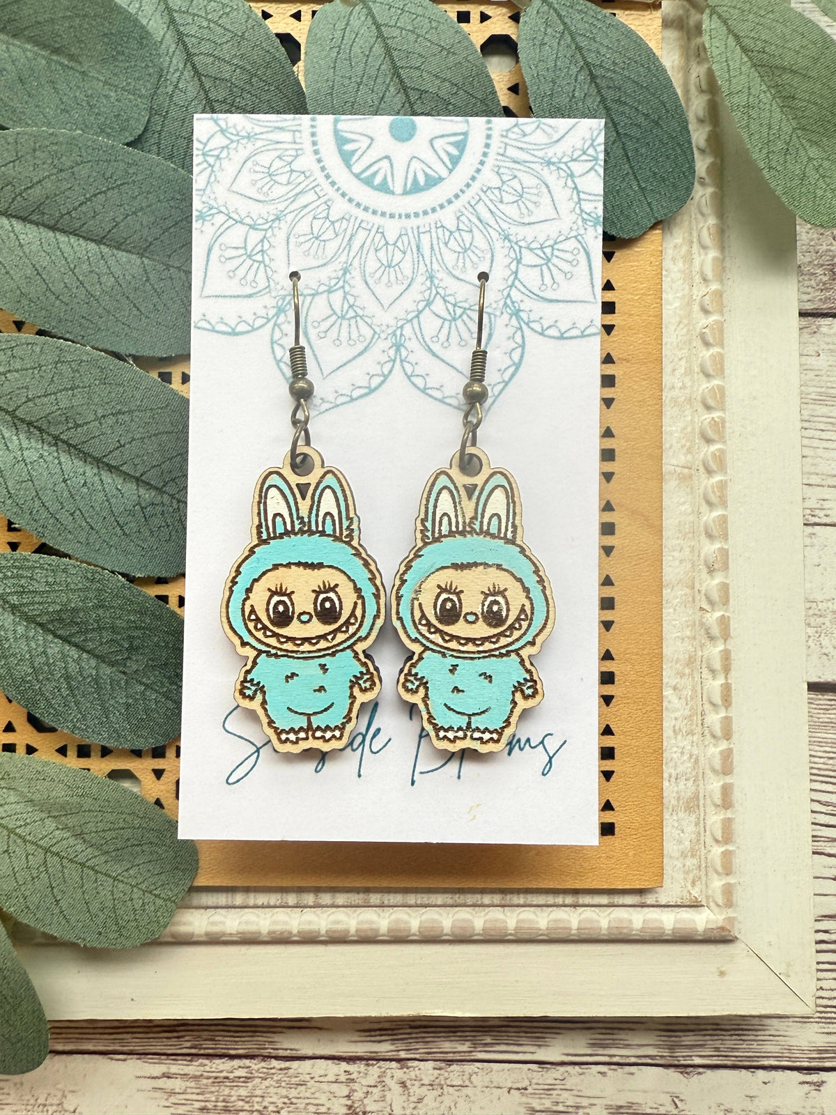 Labubu inspired monster style hand painted  wood earrings
