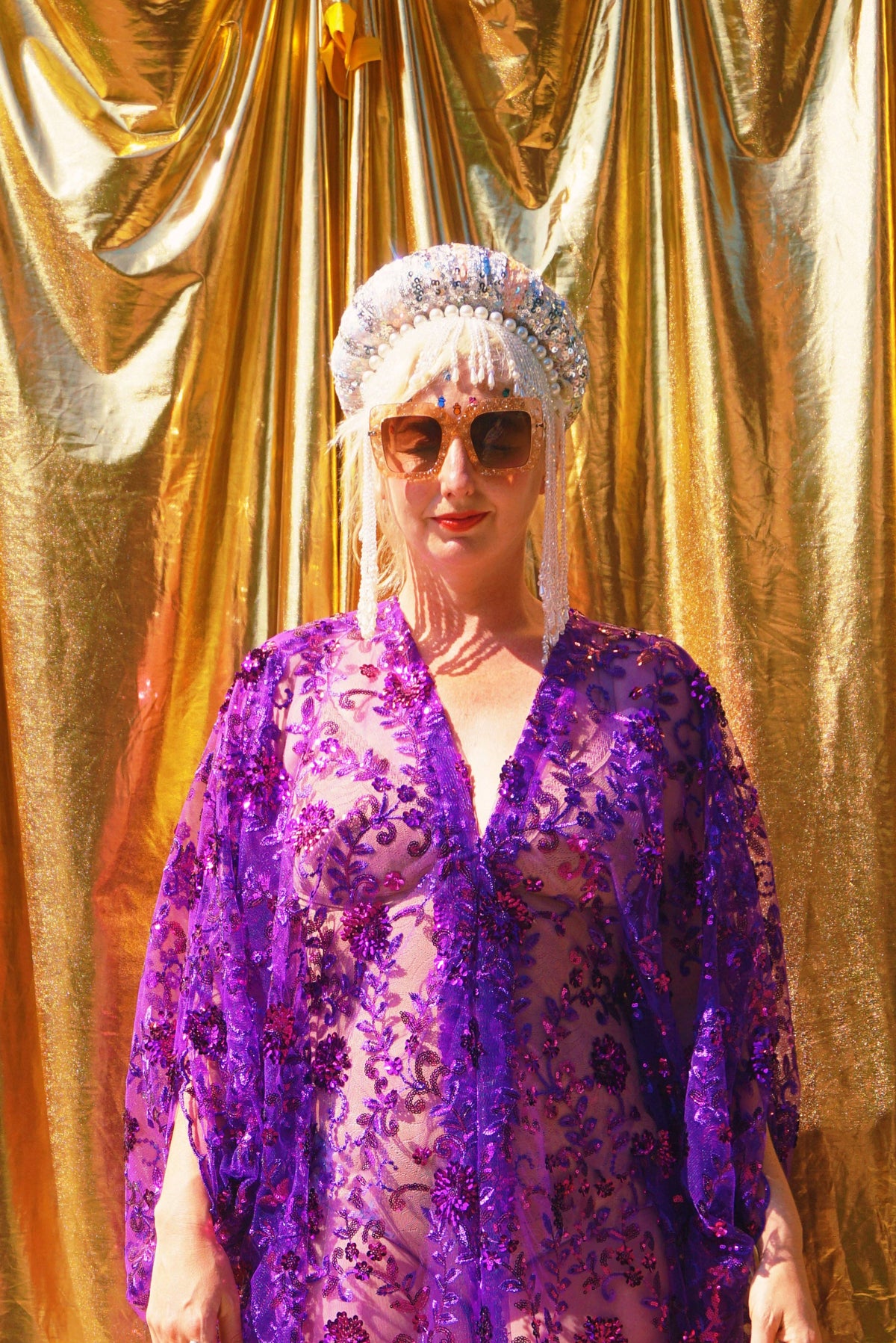 Desert Amethyst Lace Sequin V-Neck Kaftan Gown