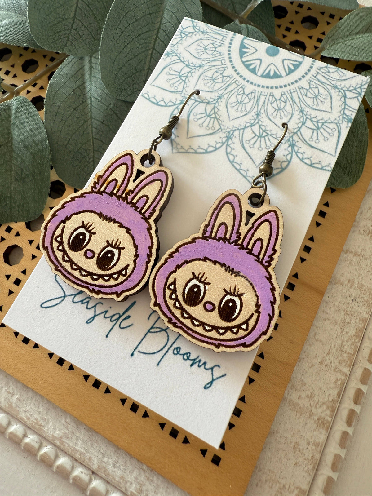 Labubu inspired monster style hand painted  wood earrings