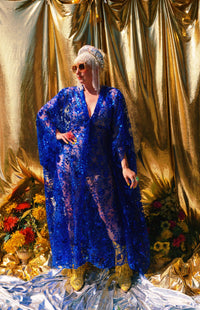Desert Blue Lace Sequin V-Neck Kaftan Gown