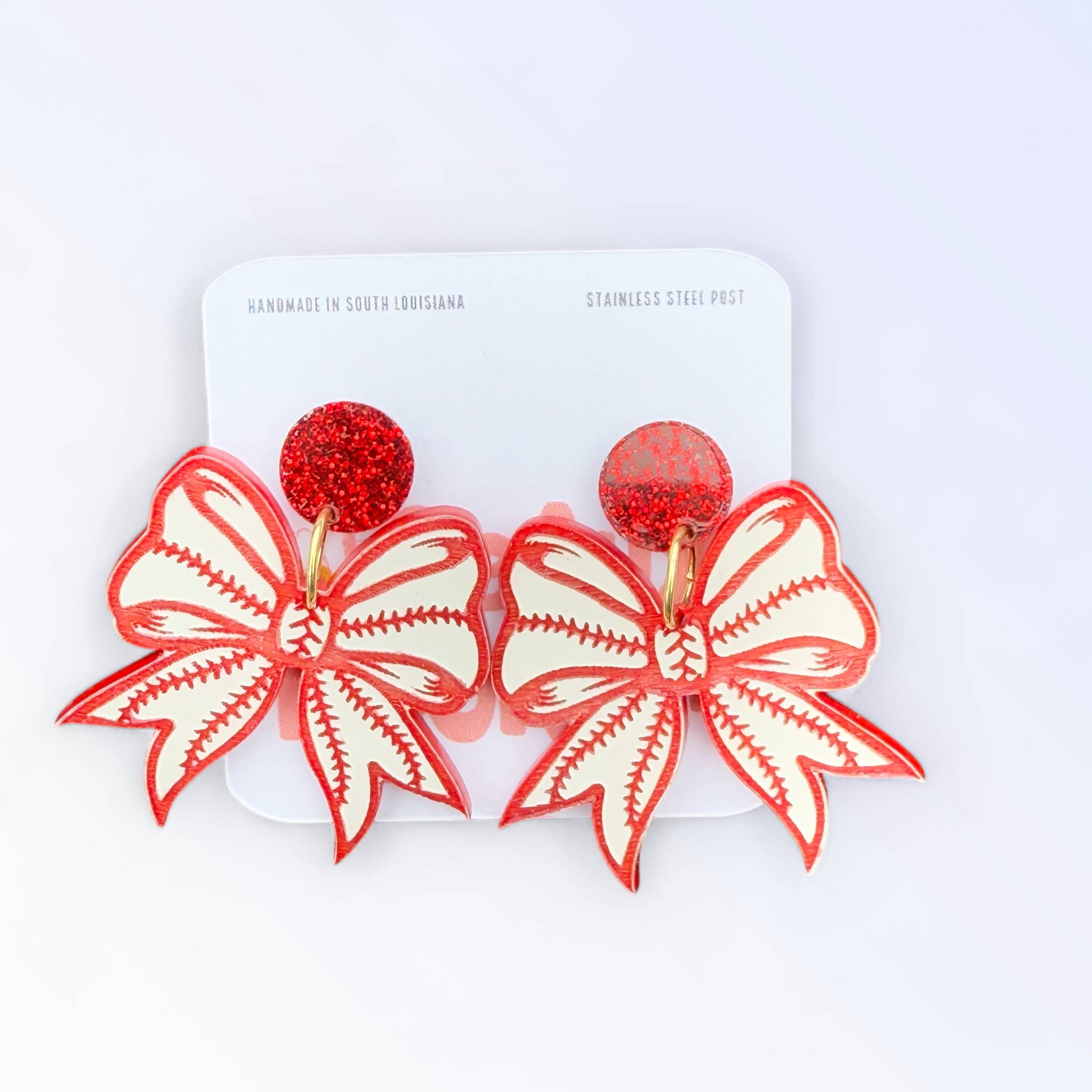 Baseball Coquette Bow Dangle Earrings