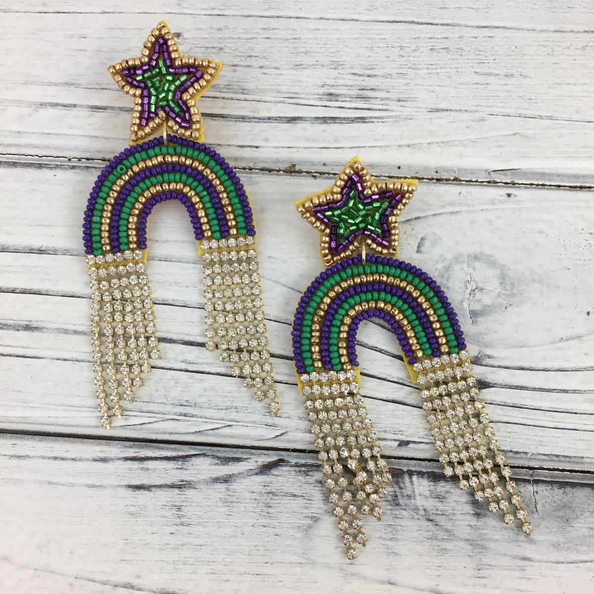 Mardi Gras beaded rainbow w/ rhinestone tassel earring