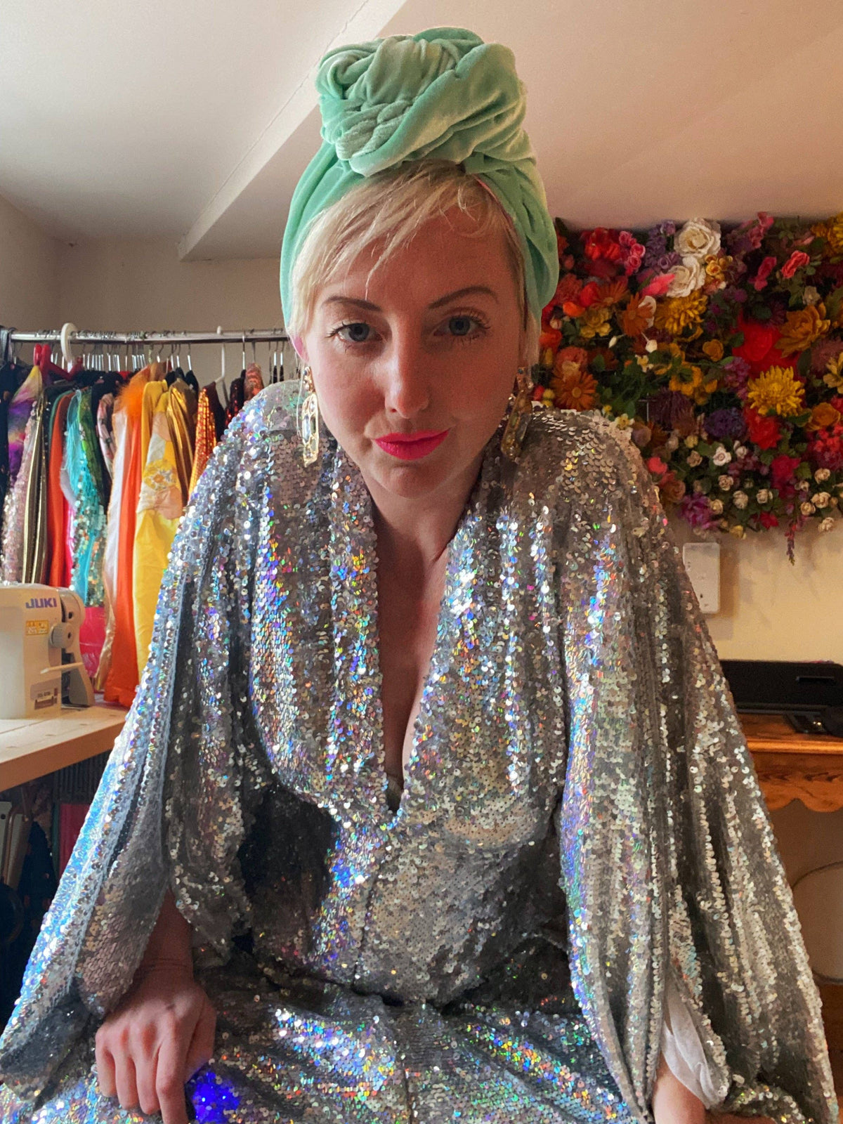 Silver Metallic Holographic/  Sequin Kaftan Gown / Dress