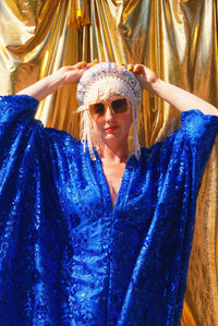 Desert Blue Lace Sequin V-Neck Kaftan Gown