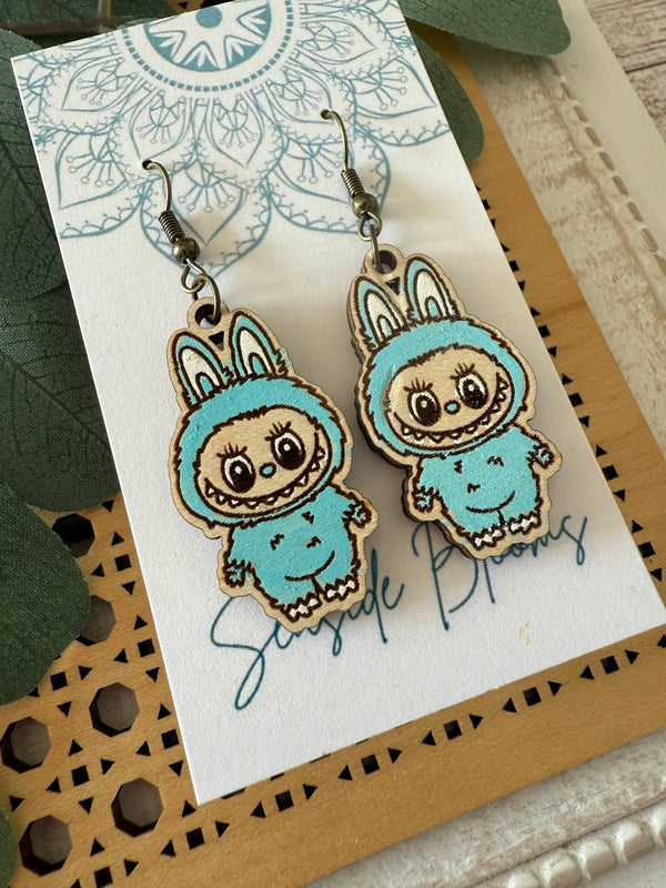 Labubu inspired monster style hand painted  wood earrings