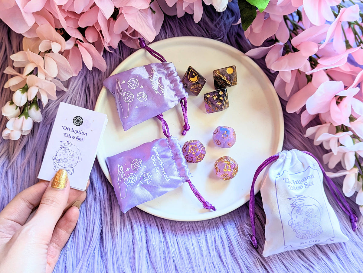 Divination Dice Set, Numerology, Moon, Tarot, Pink Purple