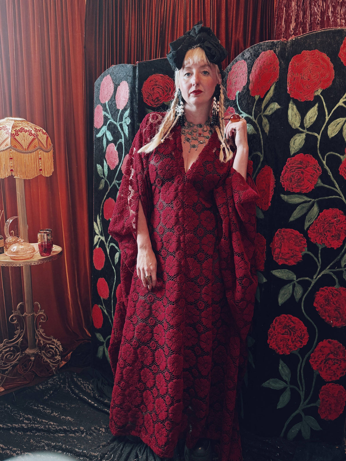 Crimson Moon Lace V-Neck Kaftan Gown
