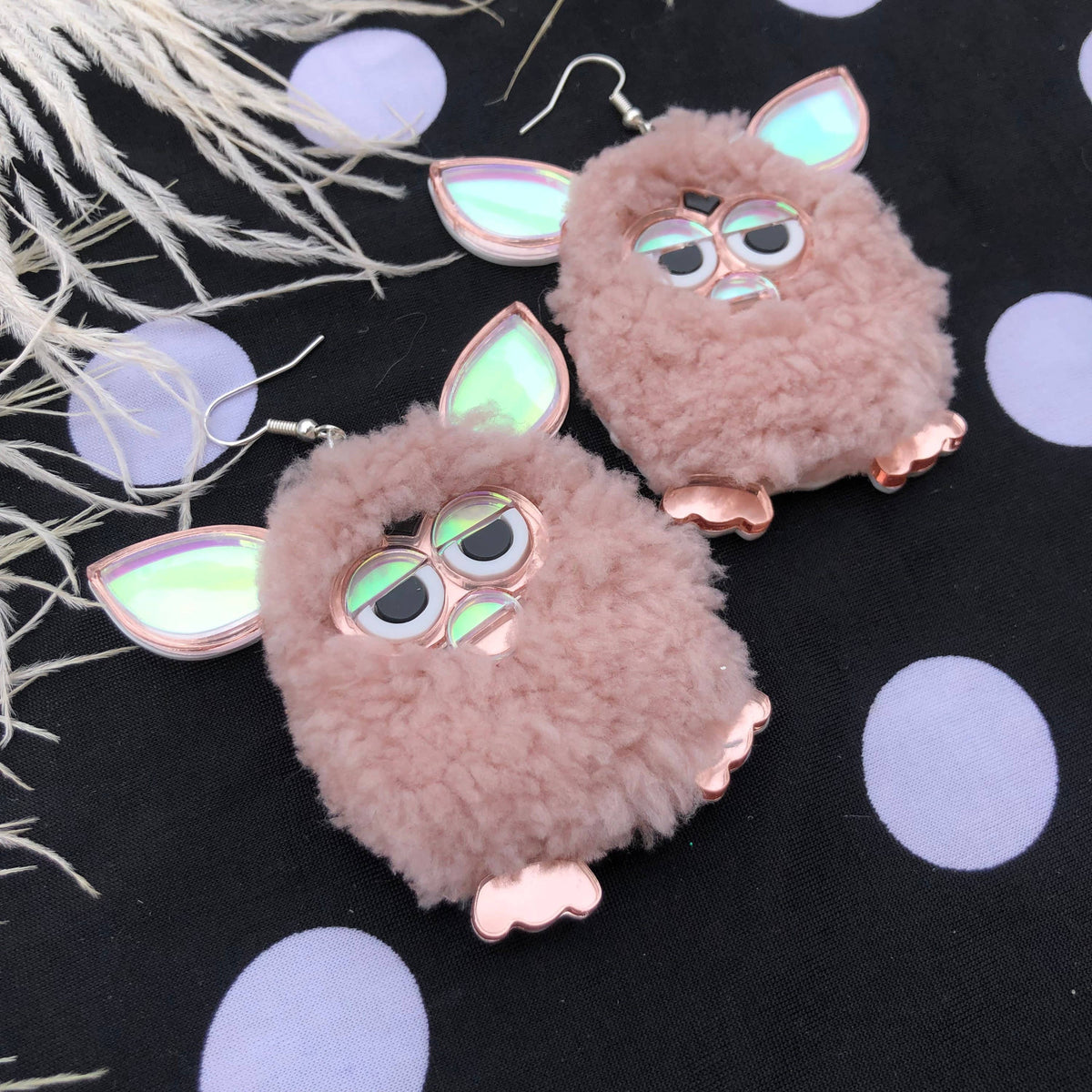 Rose Pink Furry Furby Earrings, Laser Cut Acrylic, Plastic Jewelry