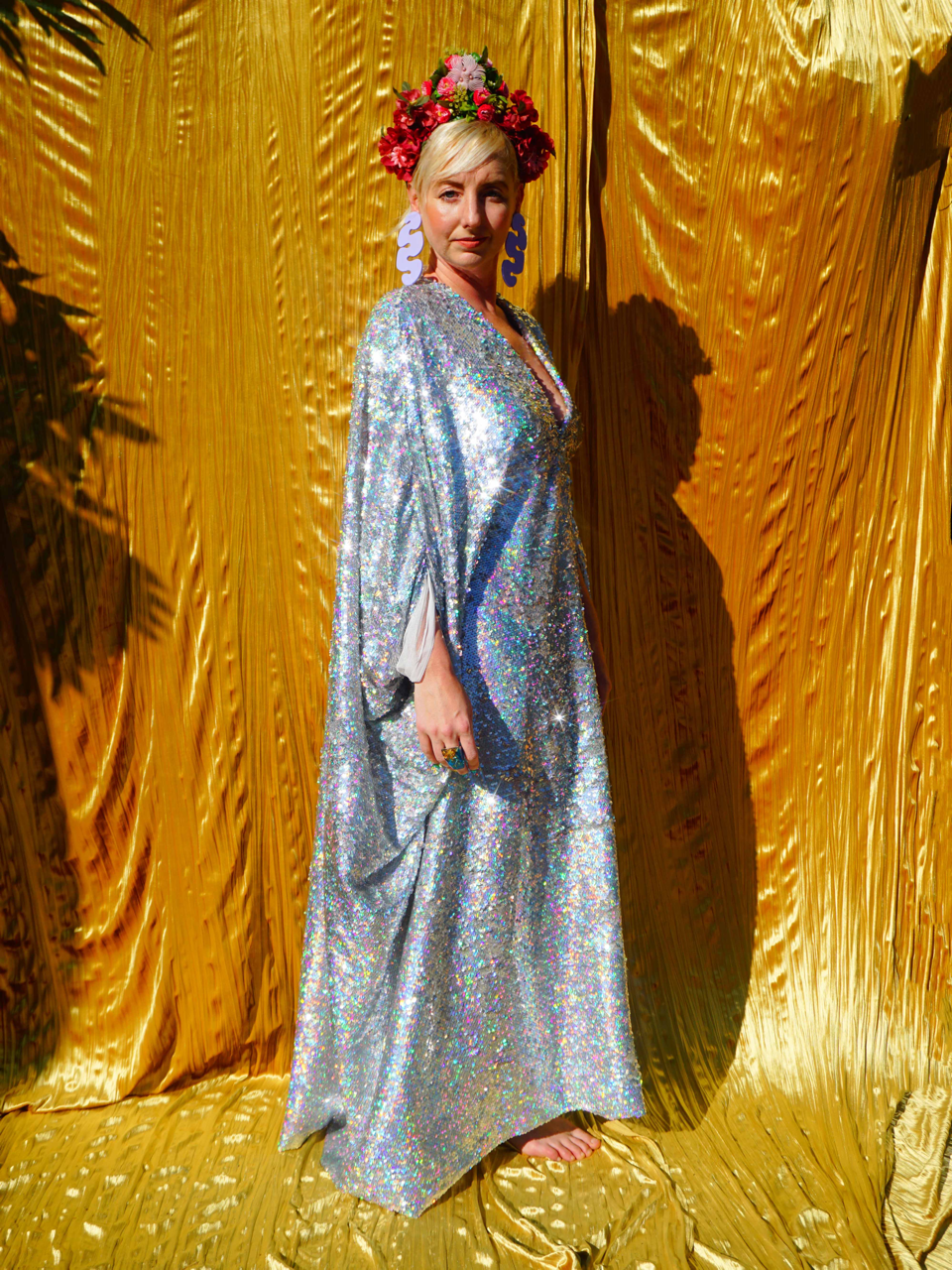 Silver Metallic Holographic/  Sequin Kaftan Gown / Dress