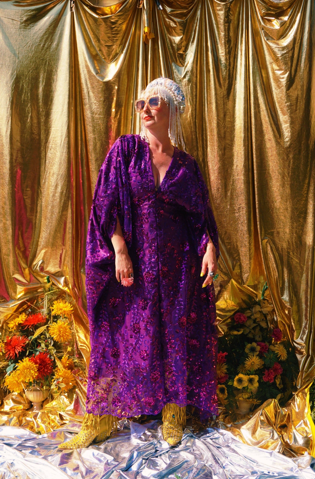 Desert Amethyst Lace Sequin V-Neck Kaftan Gown