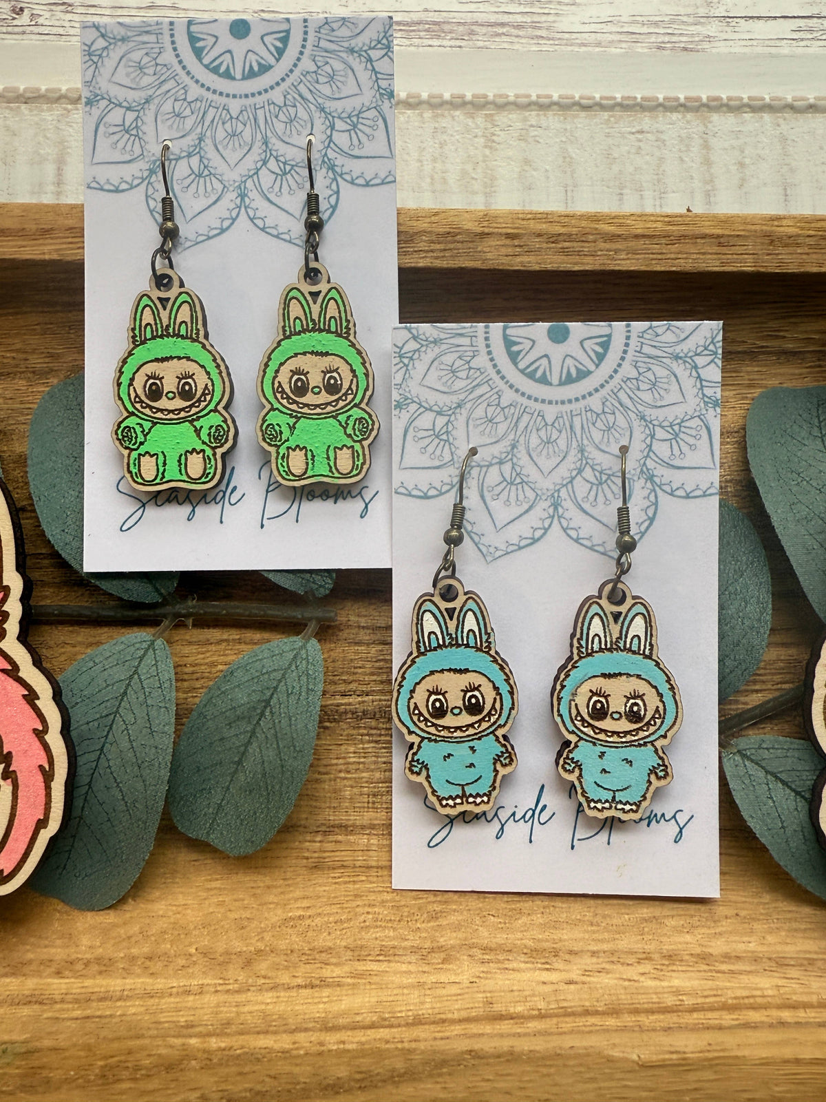 Labubu inspired monster style hand painted  wood earrings