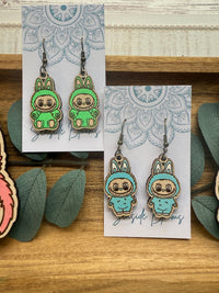 Labubu inspired monster style hand painted  wood earrings