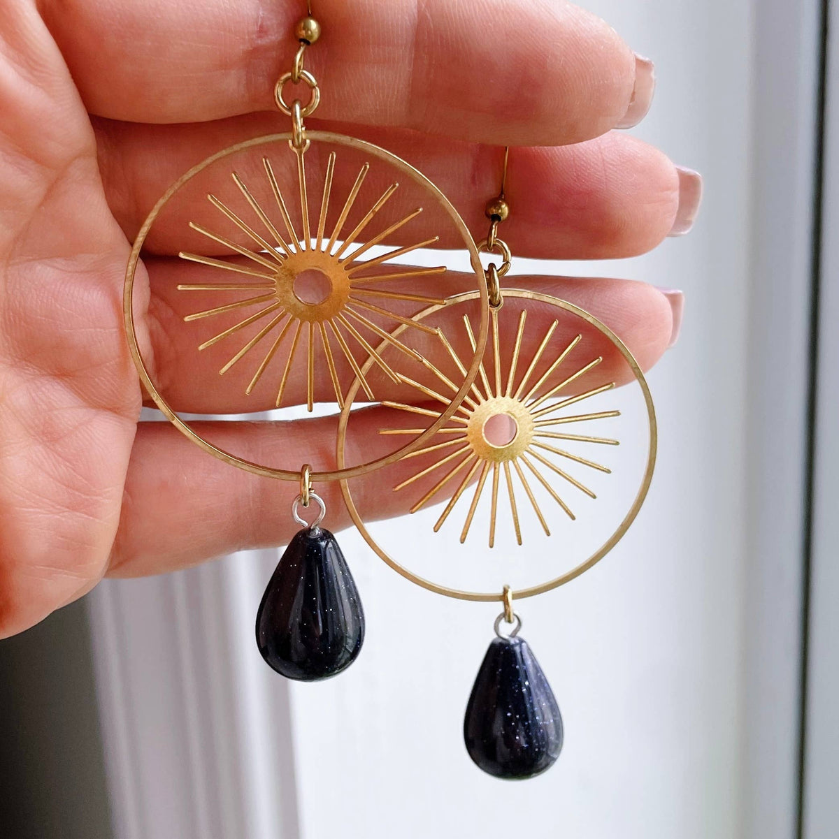 Jean Earrings ~ Brass Sun & Blue Goldstone