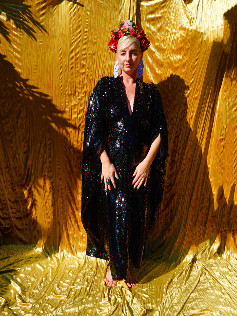 Petrol Black Holographic Sequin Maxi Kaftan Gown / Kimono Robe