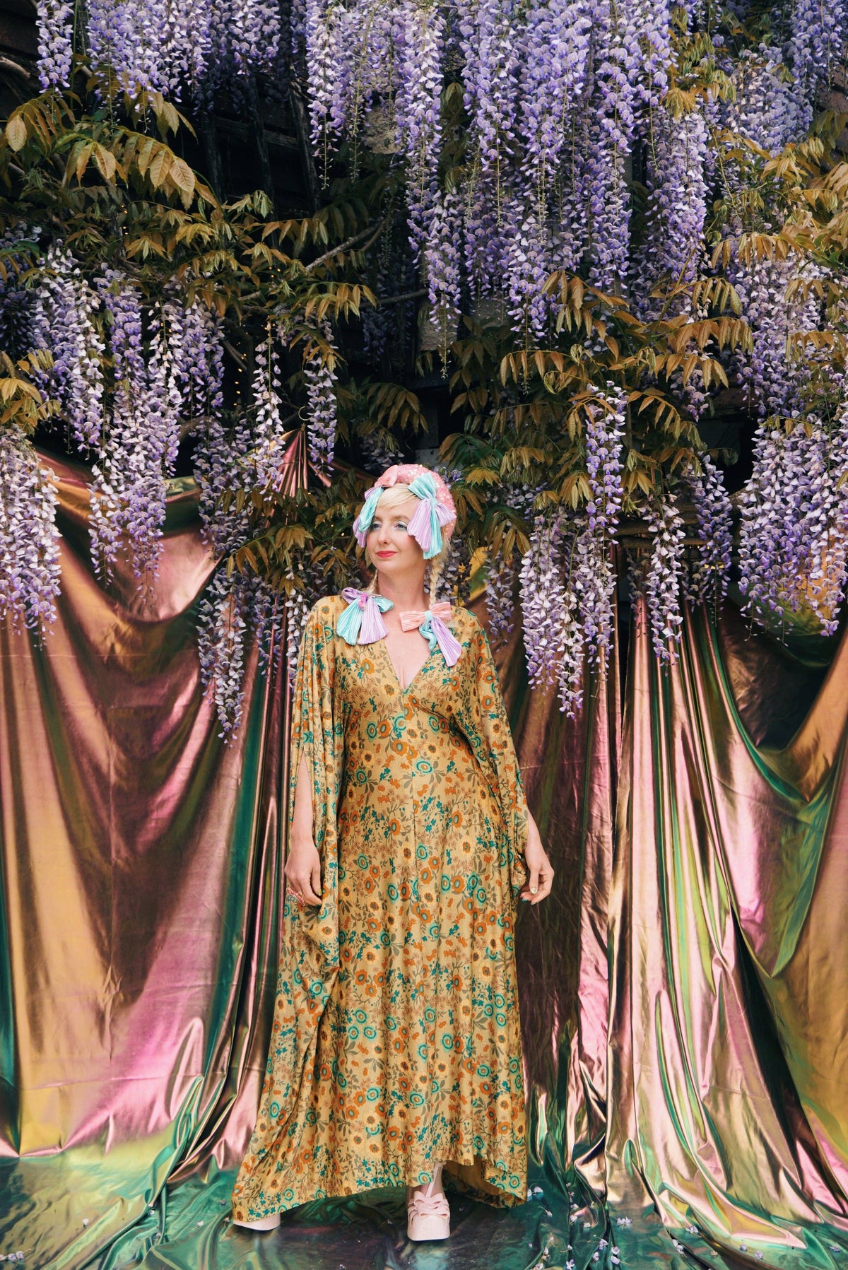 Golden Meadow Print V-Neck Kaftan Gown