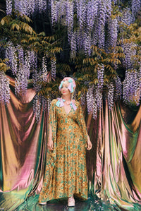 Golden Meadow Print V-Neck Kaftan Gown