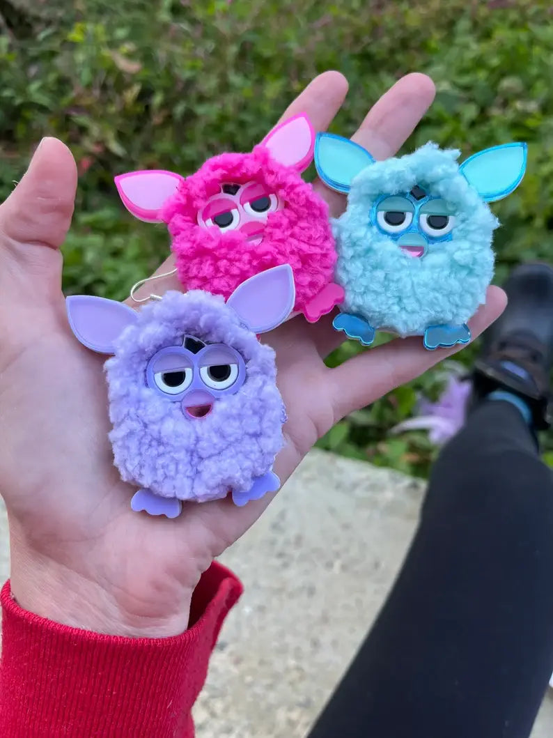 Furry Furby Earrings, Laser Cut Acrylic, Plastic Jewelry