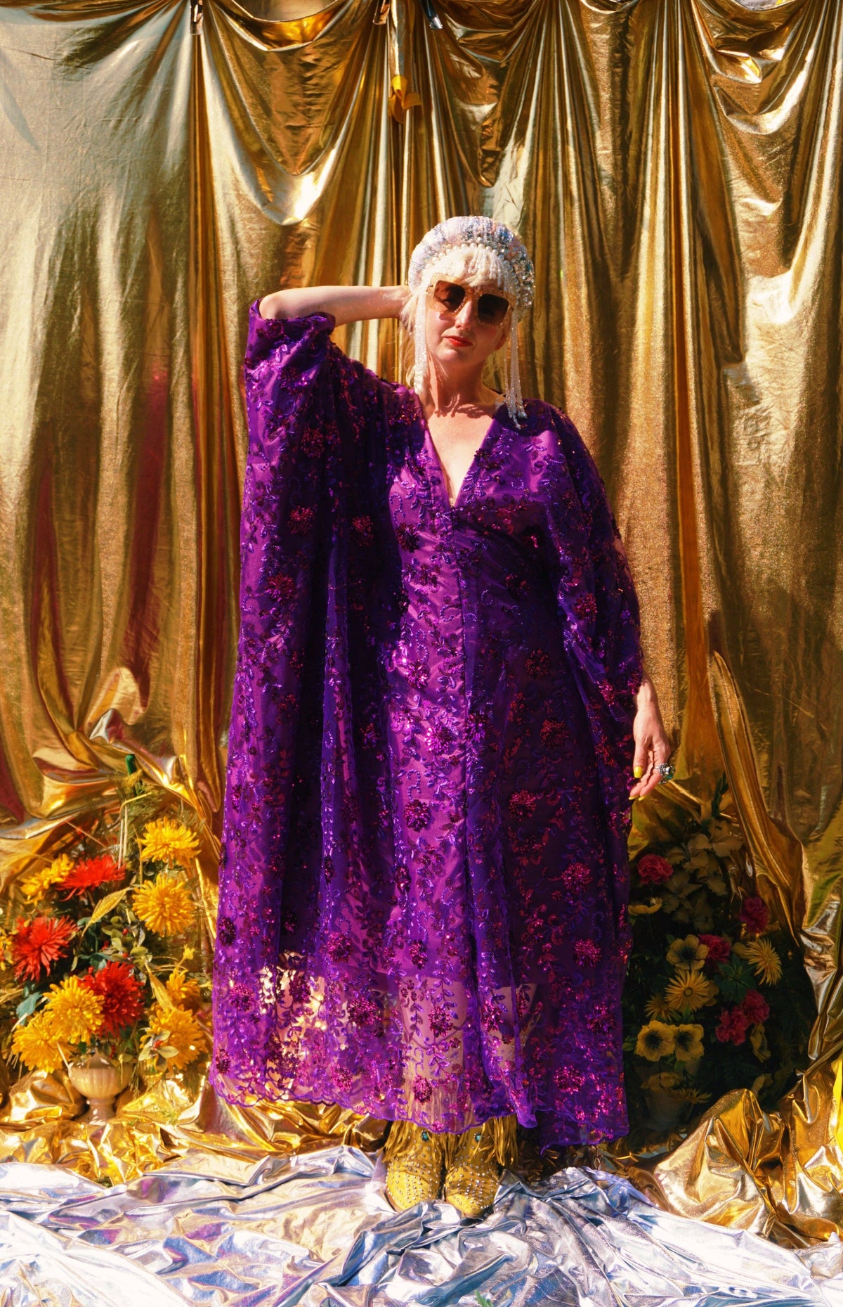 Desert Amethyst Lace Sequin V-Neck Kaftan Gown