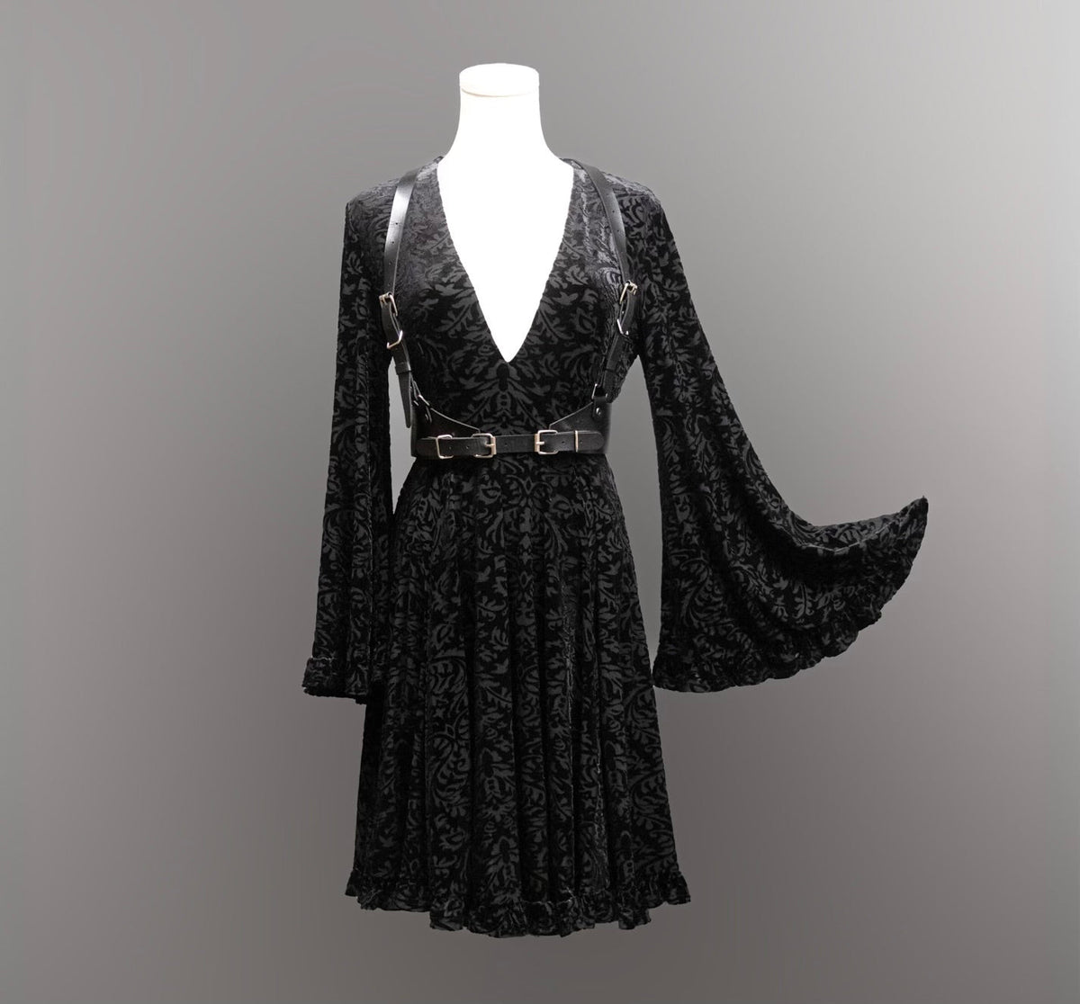 Nyx - Bell Sleeved Velvet Damask Dress with Harness - READY TO SHIP!