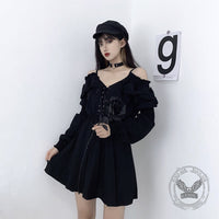 Gothic Black Off-Shoulder Lace Up Mini Dress
