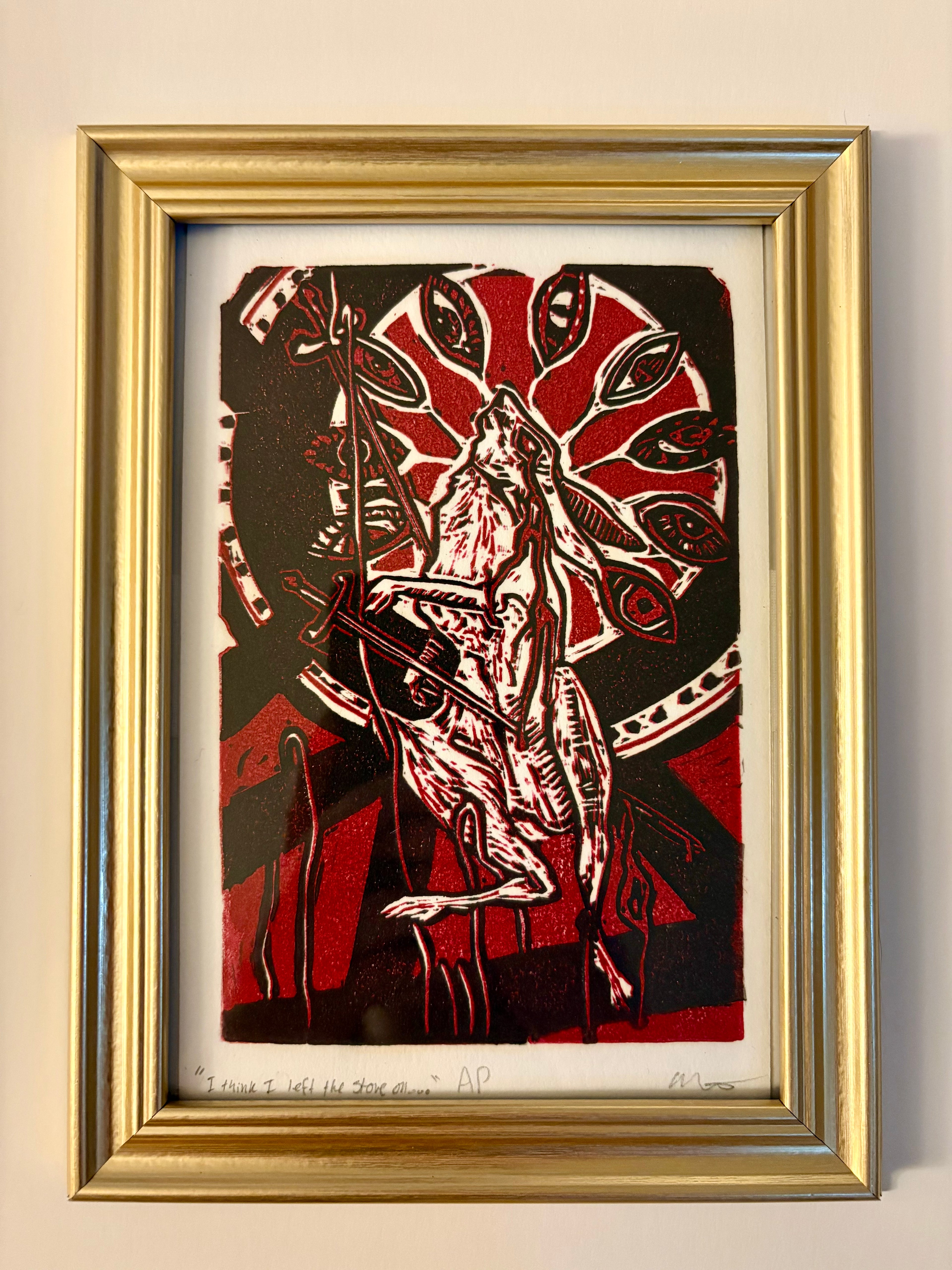 "I think I left the stove on…" Linocut Framed