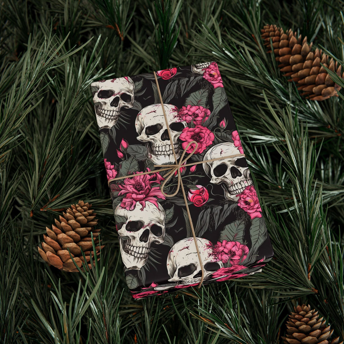 Pink Flowers and Skulls Gift Wrap