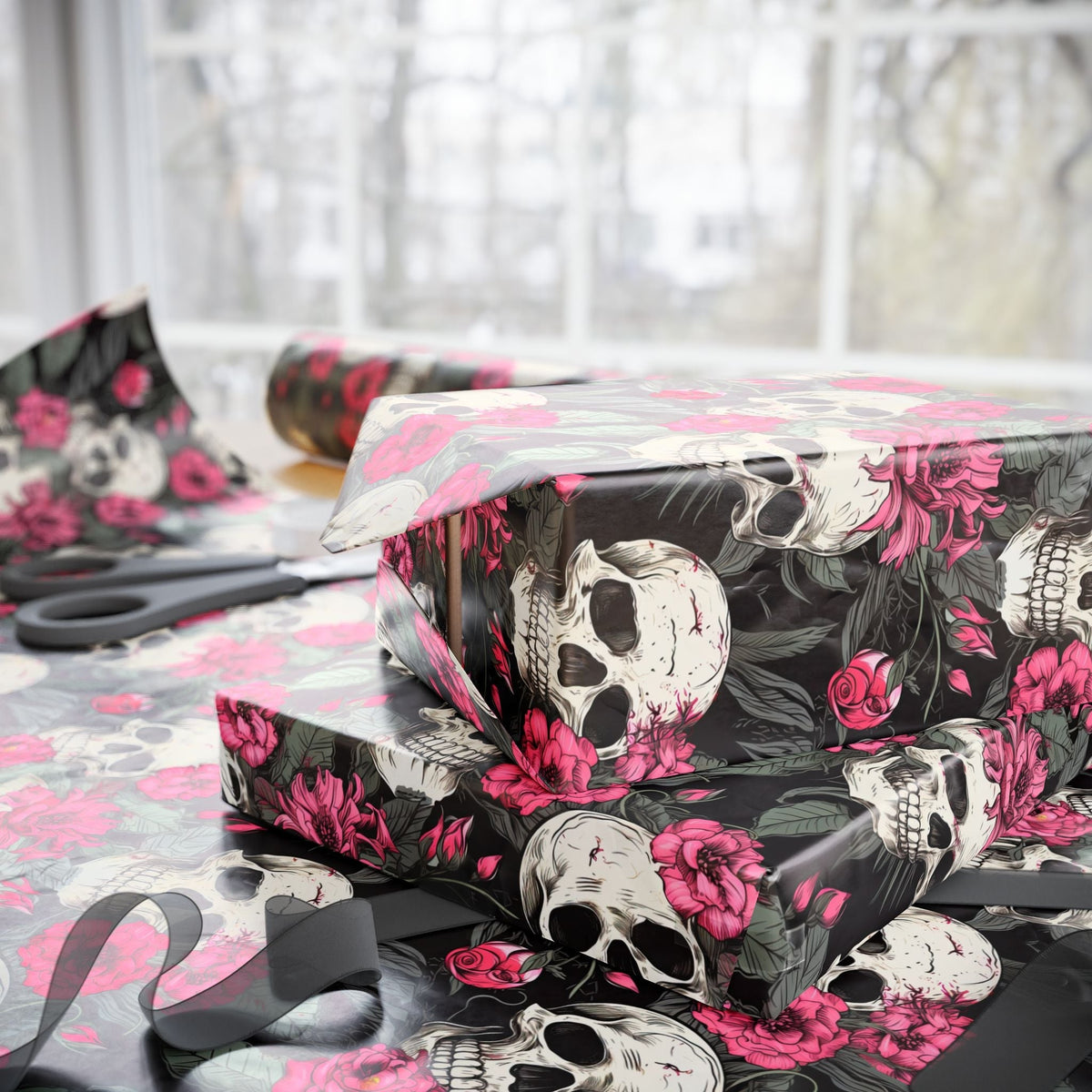 Pink Flowers and Skulls Gift Wrap