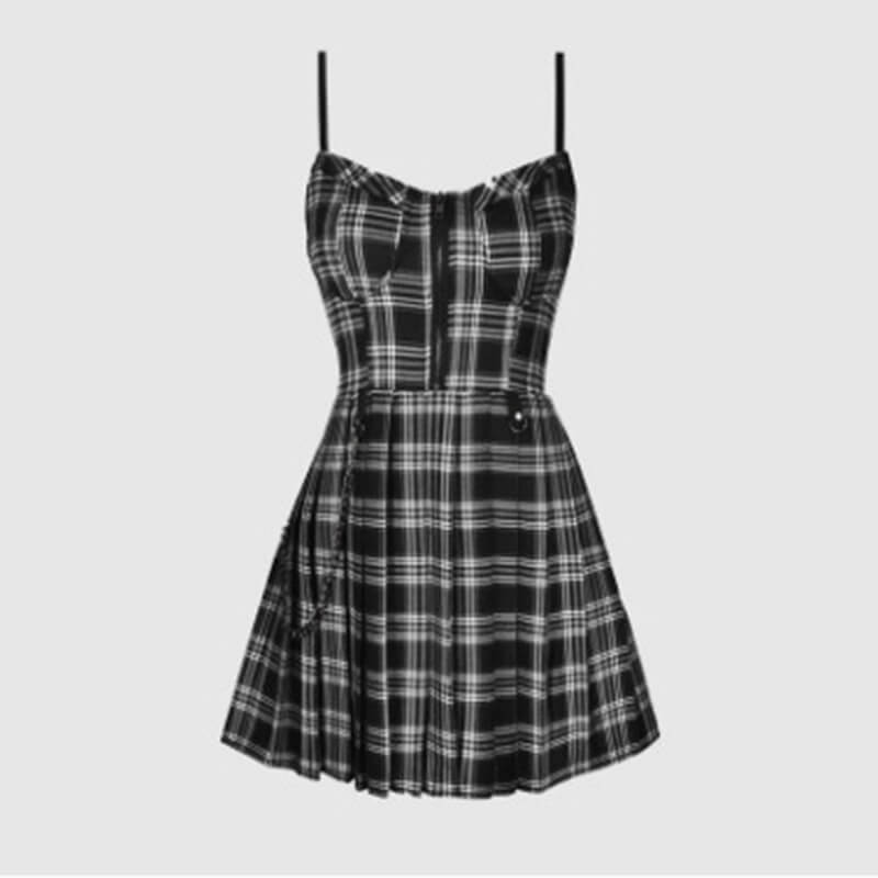 Plaid Chain Zipper Pleated Slip Mini Dress