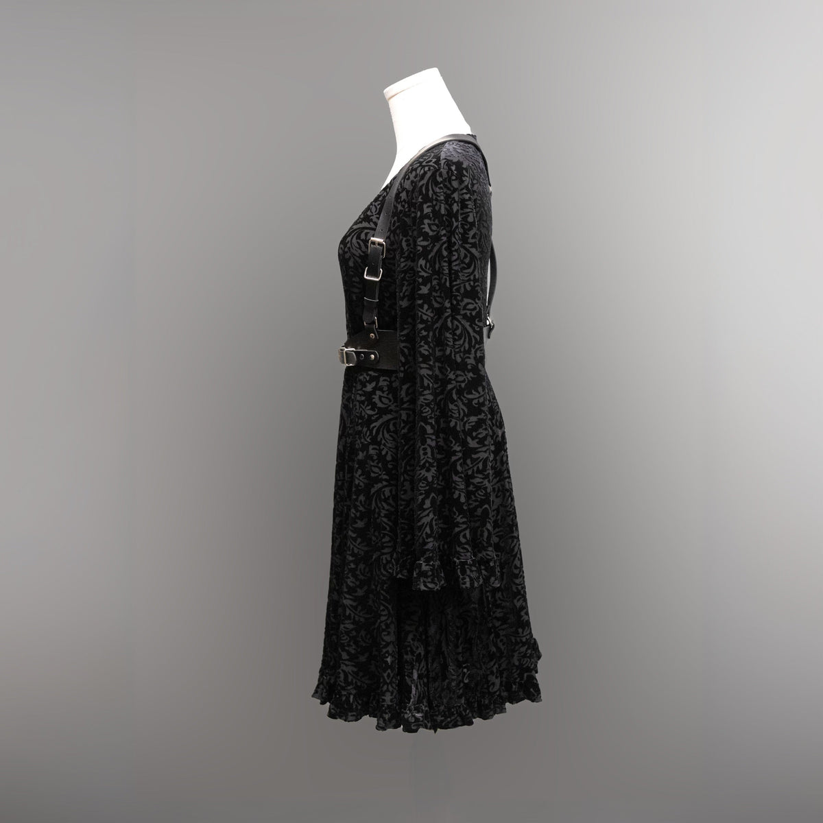 Nyx - Bell Sleeved Velvet Damask Dress with Harness - READY TO SHIP!