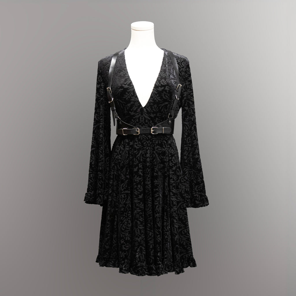 Nyx - Bell Sleeved Velvet Damask Dress with Harness - READY TO SHIP!