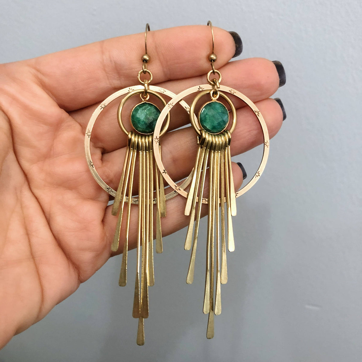 Mullica Earrings ~ Brass & Gold Plated Green Emerald