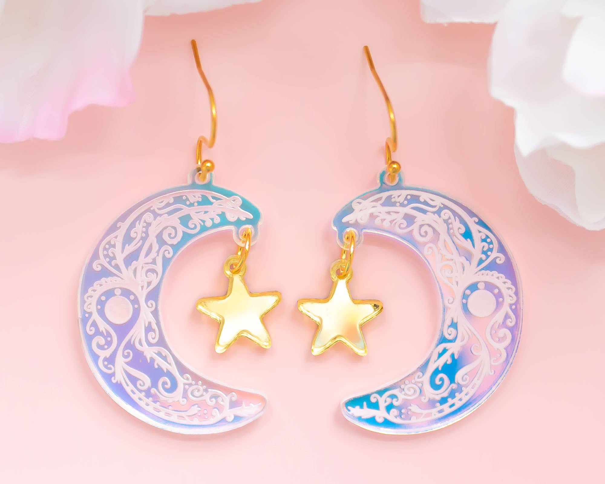 Celestial Moon & Star Earrings Holographic Statement Dangles