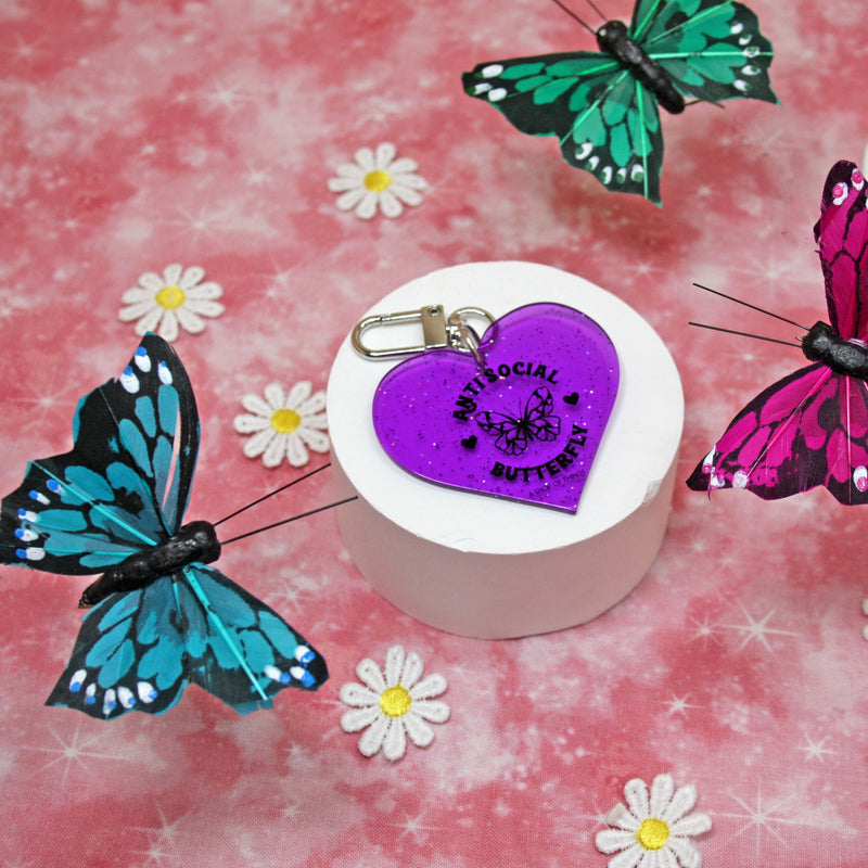 Antisocial Butterfly Glitter Heart Keychain