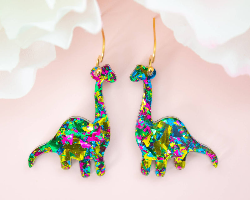 Dinosaur Earrings, Multicolor Acrylic Dangles Handmade