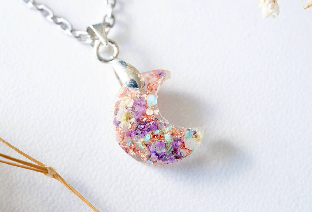 Real Pressed Flowers in Celestial Moon Resin Necklace