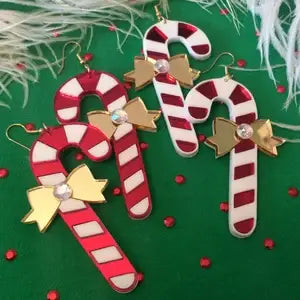 Christmas Candy Cane and Bows Christmas Acrylic Earrings