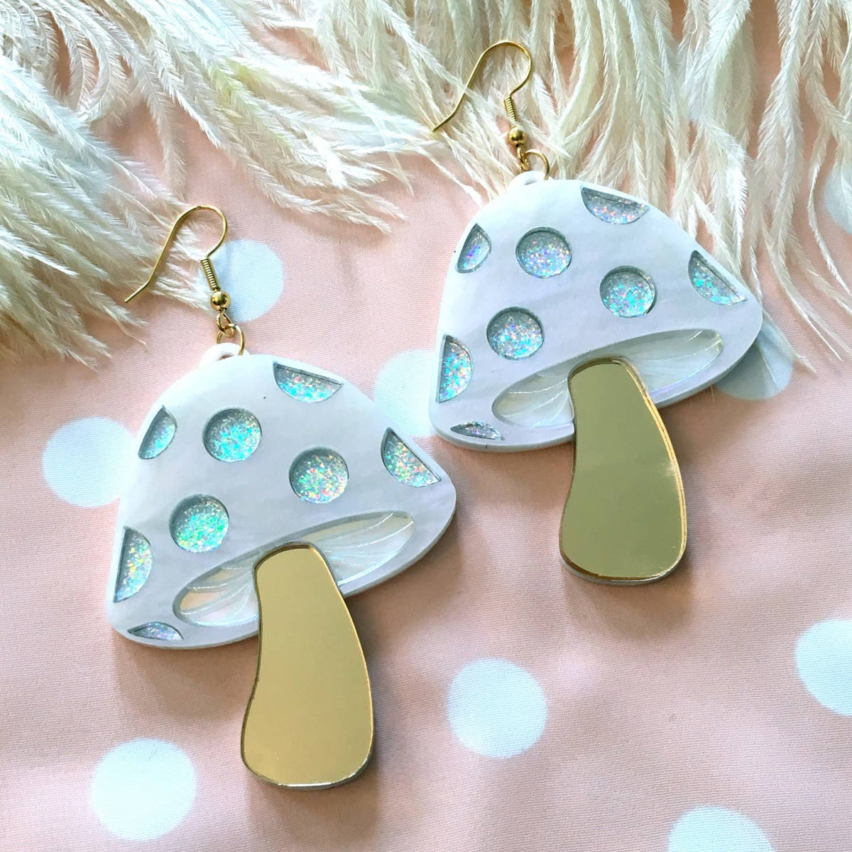 Pearly Gold And Glitter Mushroom Laser Cut Earrings