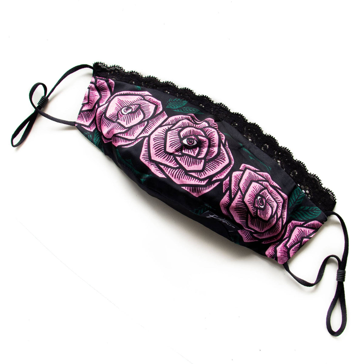Pink Tattoo Roses Women's Face Mask with Lace Trim