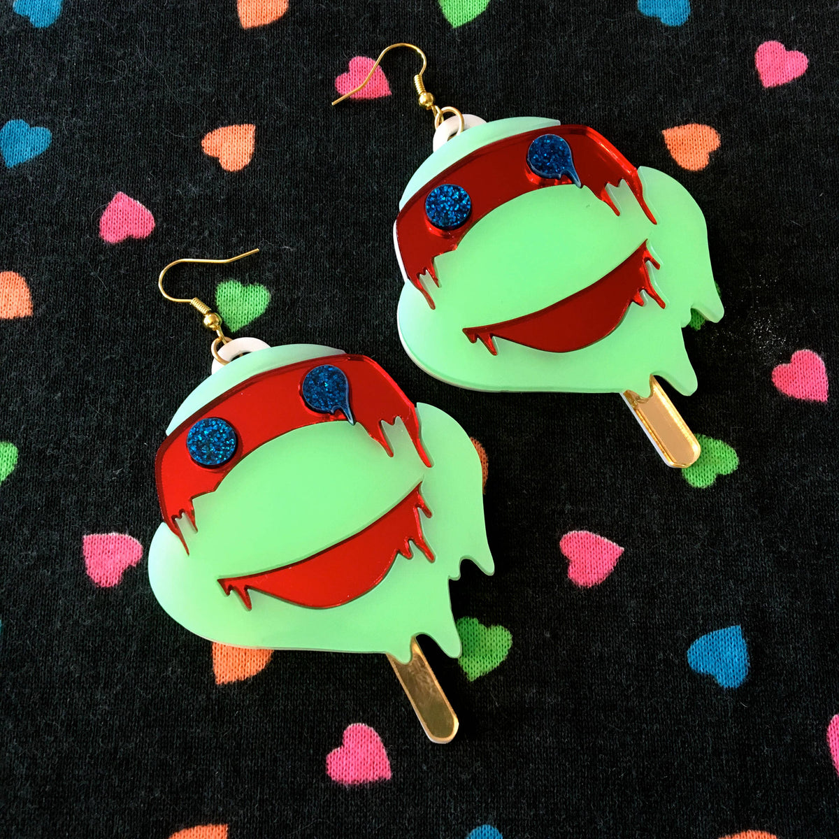 Melty Ninja Turtle Ice Cream Popsicle Earrings, Laser Cut Acrylic, Plastic Jewelry