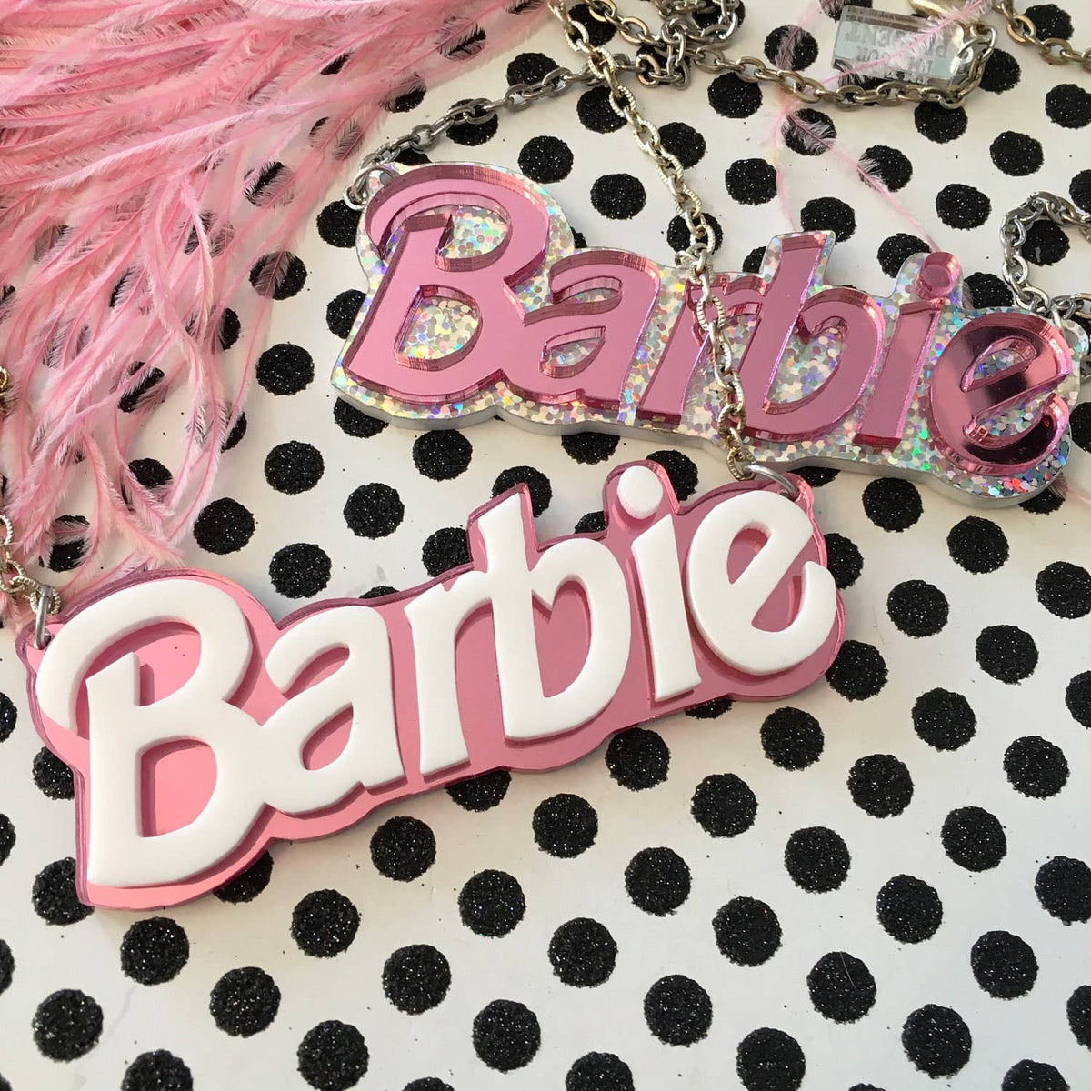 Barbie Acrylic Necklace In Silver Glitter Or Pink Mirror