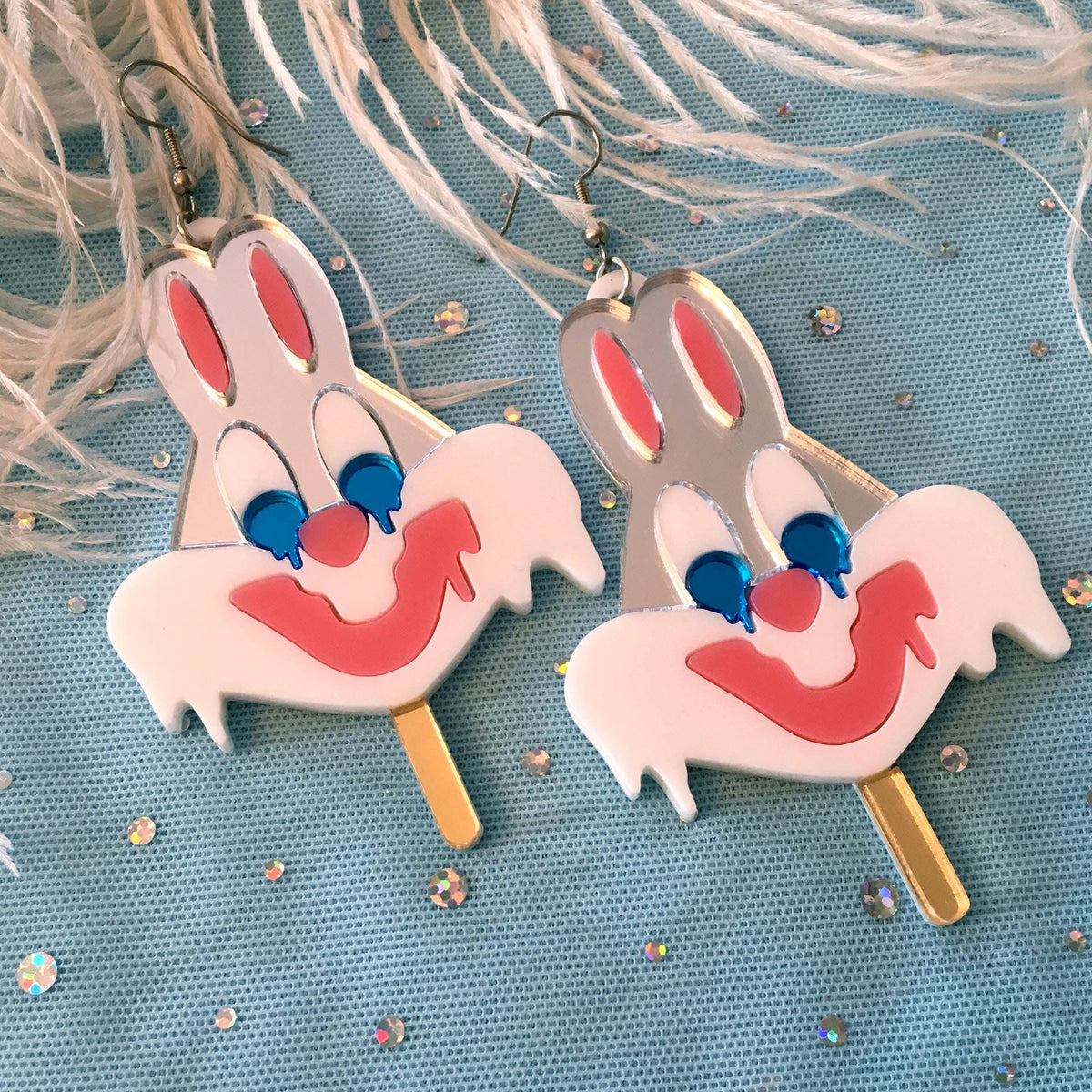 Melty Bugs Bunny Ice Cream Popsicle Cartoon Earrings, Laser Cut Acrylic, Plastic Jewelry
