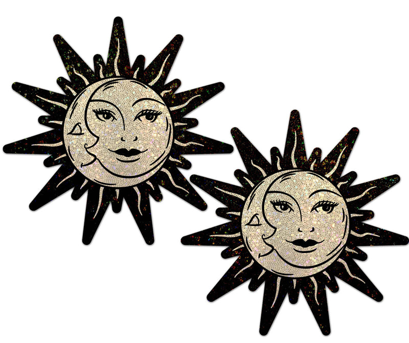 Sun & Moon Faces on Gold Glitter Sun Nipple Pasties