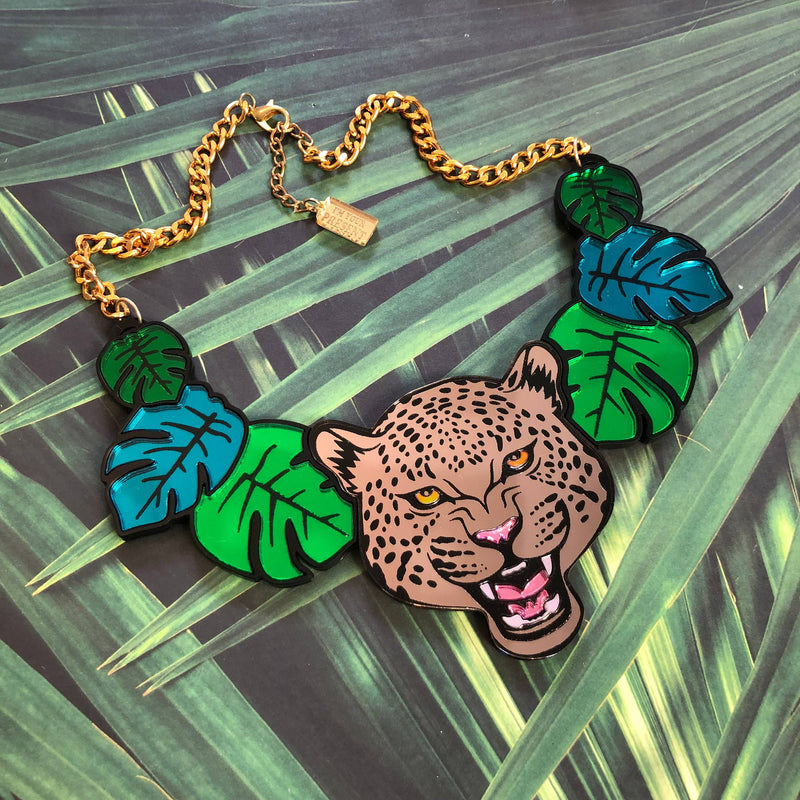 Leopard Black And Copper Gold And Jungle Leaves Necklace, Laser Cut Acrylic, Plastic Jewelry