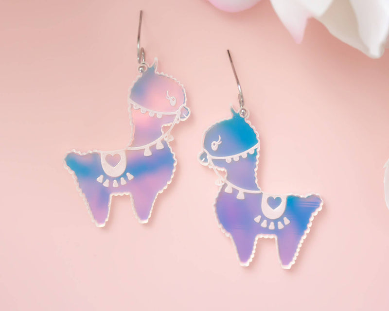 Llama Holographic Acrylic Earrings, Handmade
