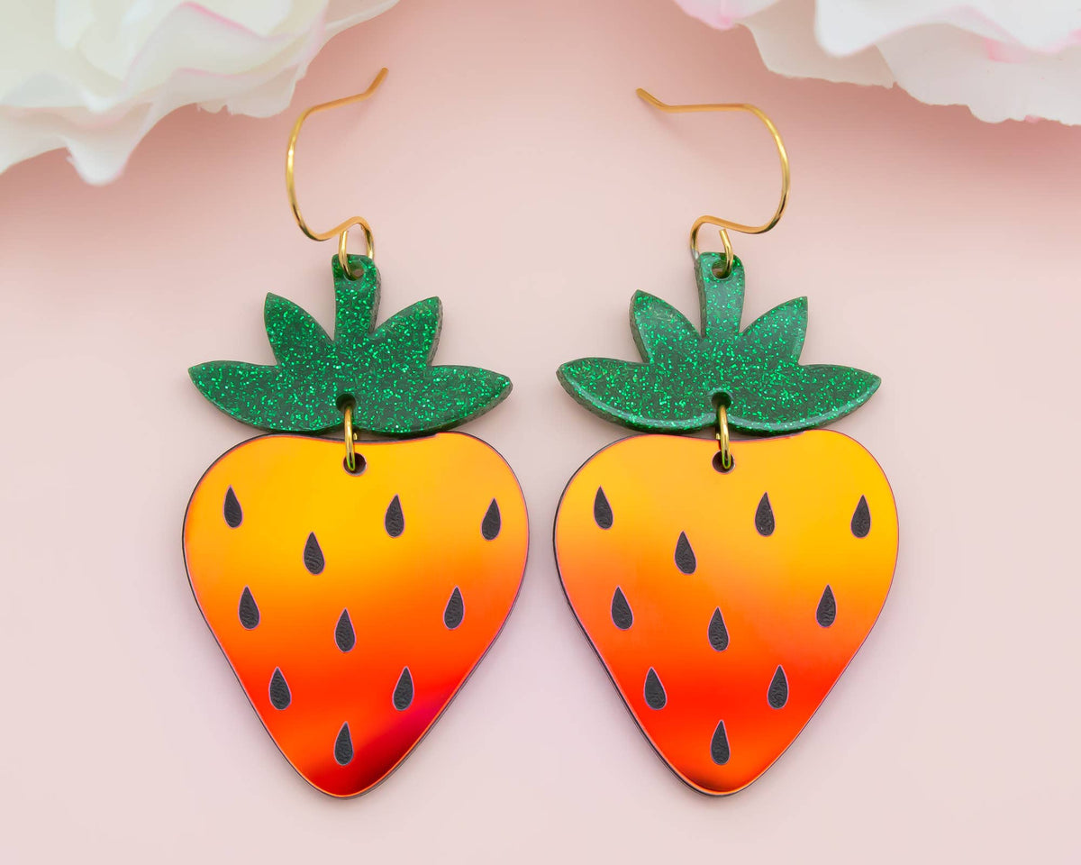 Holographic Strawberry Acrylic Earrings, Fruit Dangles
