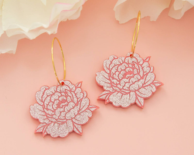 Pink Glitter Peony Earrings, Flower Hoops