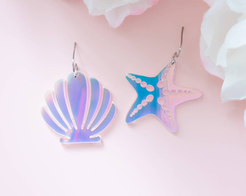 Sea Shell & Starfish Mismatch Earrings, Holographic Dangles
