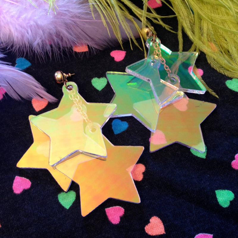 Radiant Stars Holographic Earrings, Laser Cut Acrylic, Plastic Jewelry